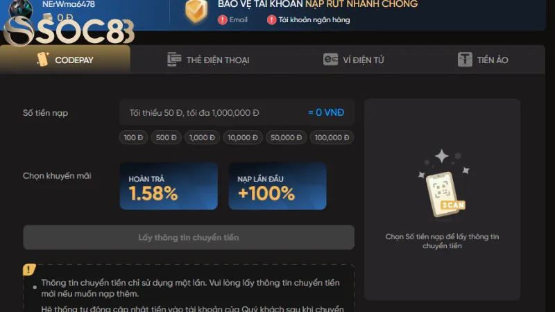 Các phương thức nạp tiền soc88 phổ biến